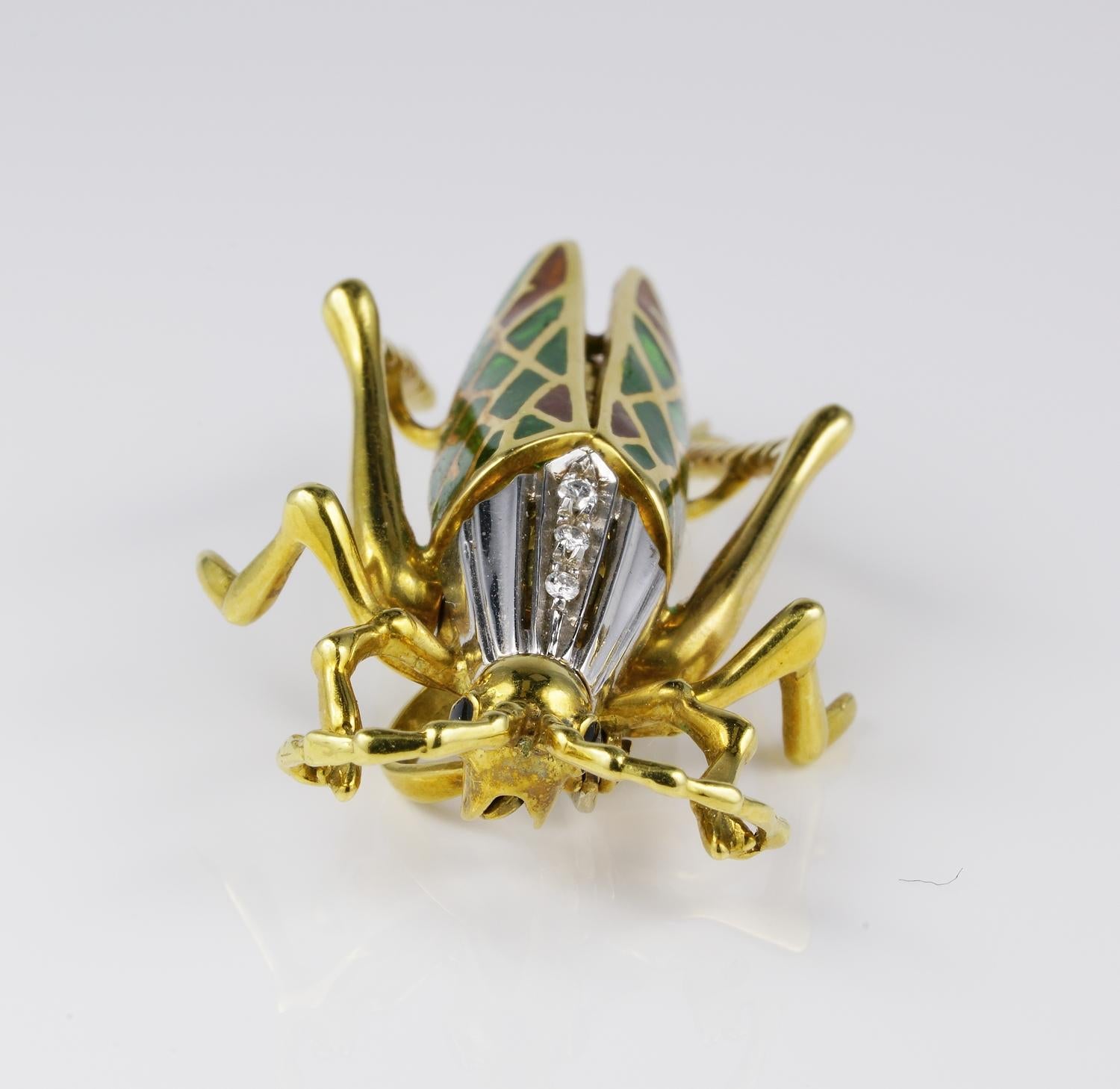 Retro Grasshopper Diamant-Plique a Jour-Anhänger-Brosche 18 KT Gold im Angebot 4