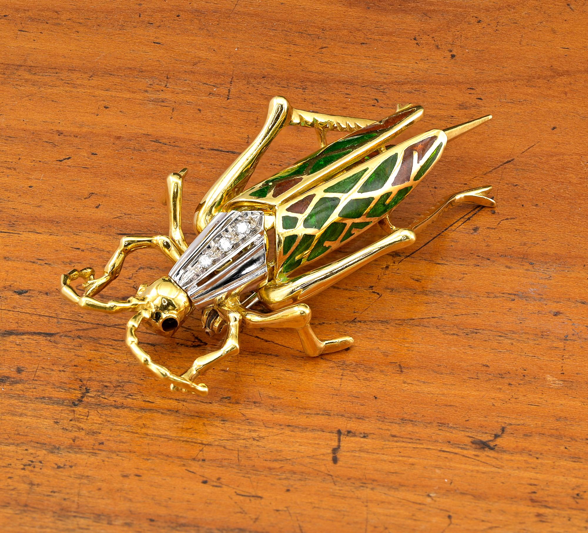 Retro Grasshopper Diamant-Plique a Jour-Anhänger-Brosche 18 KT Gold im Angebot 2