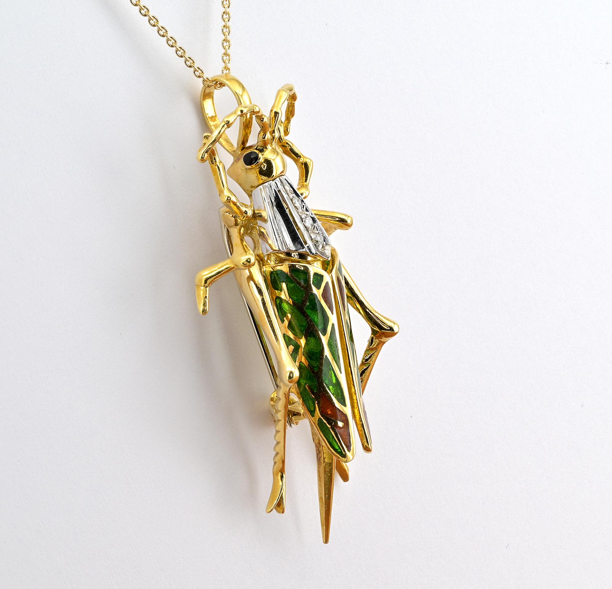 Women's or Men's Retro Grasshopper Diamond Plique a Jour Pendant Brooch 18 KT Gold For Sale