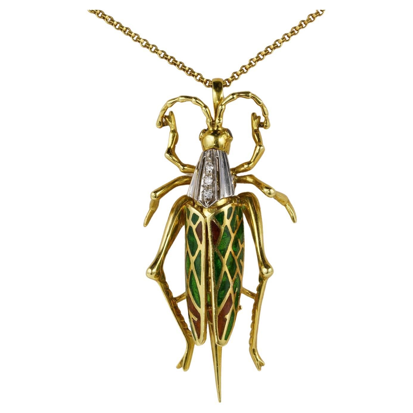 Retro Grasshopper Diamant-Plique a Jour-Anhänger-Brosche 18 KT Gold im Angebot