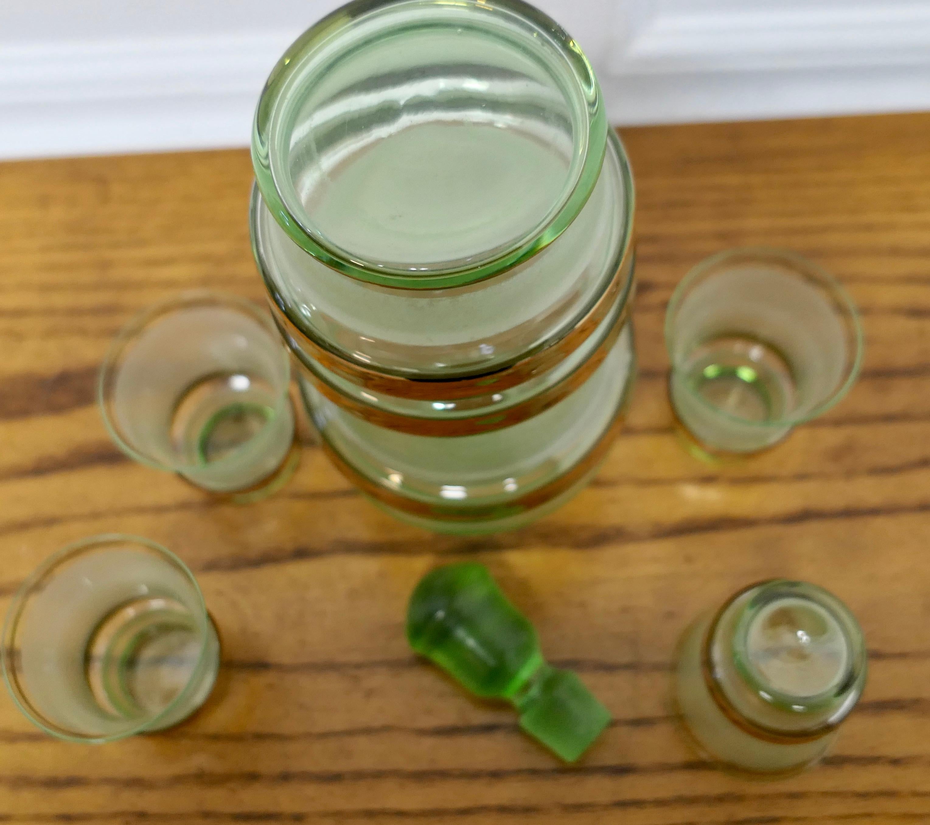 Retro Green and Gold Glass Sherry Decanter and 4 Glasses    Undoubtedly Retro  For Sale 1