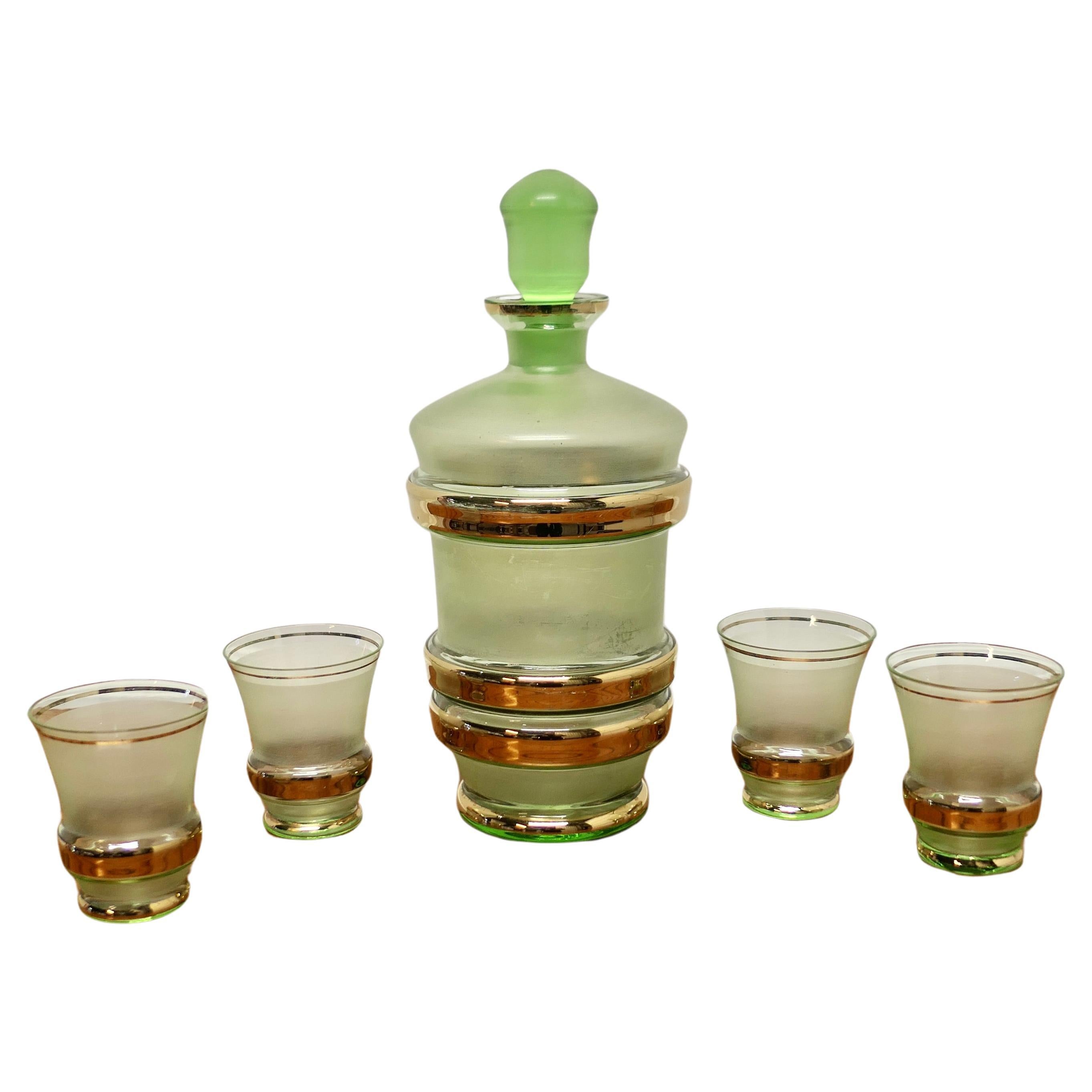 Retro Green and Gold Glass Sherry Decanter and 4 Glasses    Undoubtedly Retro  For Sale