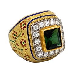 Vintage Green Tourmaline Diamond Enamel Cocktail Ring