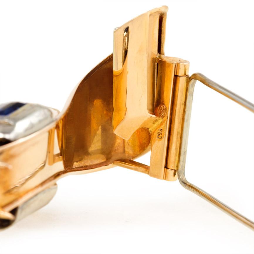 Square Cut Retro Gübelin Gold, Diamond, and Sapphire Clip Brooch of Stylized Bow Design For Sale