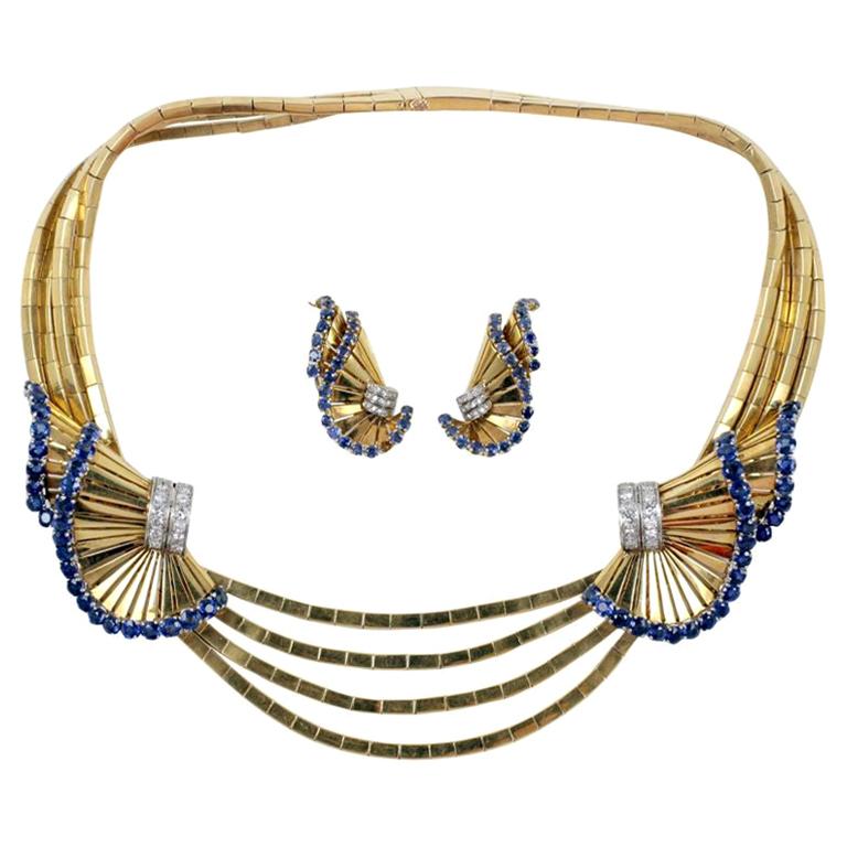 Retro Gubelin Sapphire, Diamond, and Yellow Gold Necklace and Earrings Suite