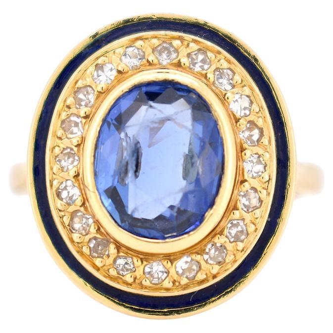 Bague rétro en or, saphir de Ceylan, diamants et émail en vente