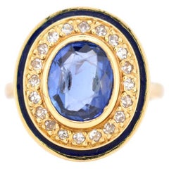 Retro Halo Ring in Gold, Ceylon Sapphire, Diamonds, and Enamel
