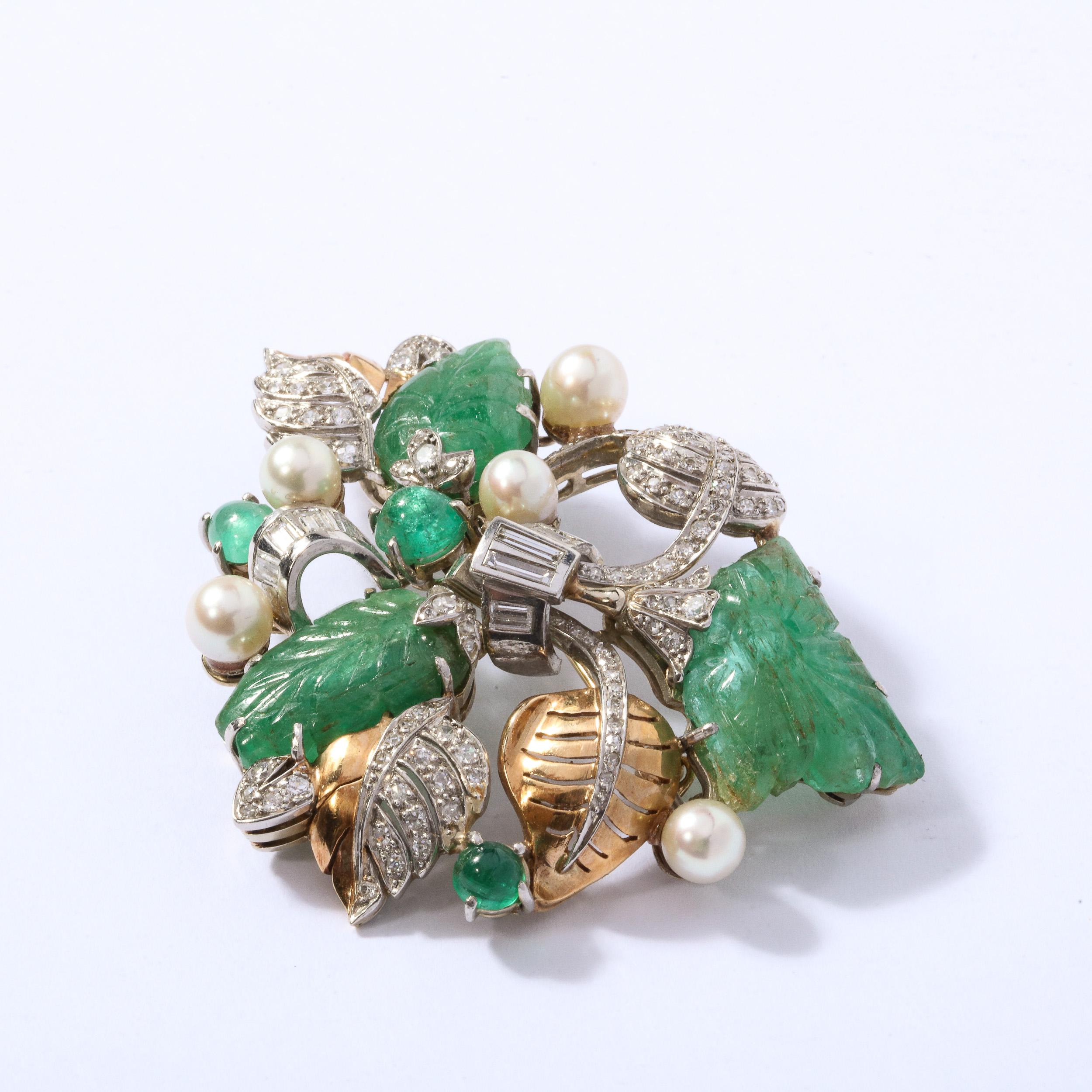 Emerald Cut Retro Hand Carved Pearl Emerald Diamond Gold Platinum Foliage Design Brooch