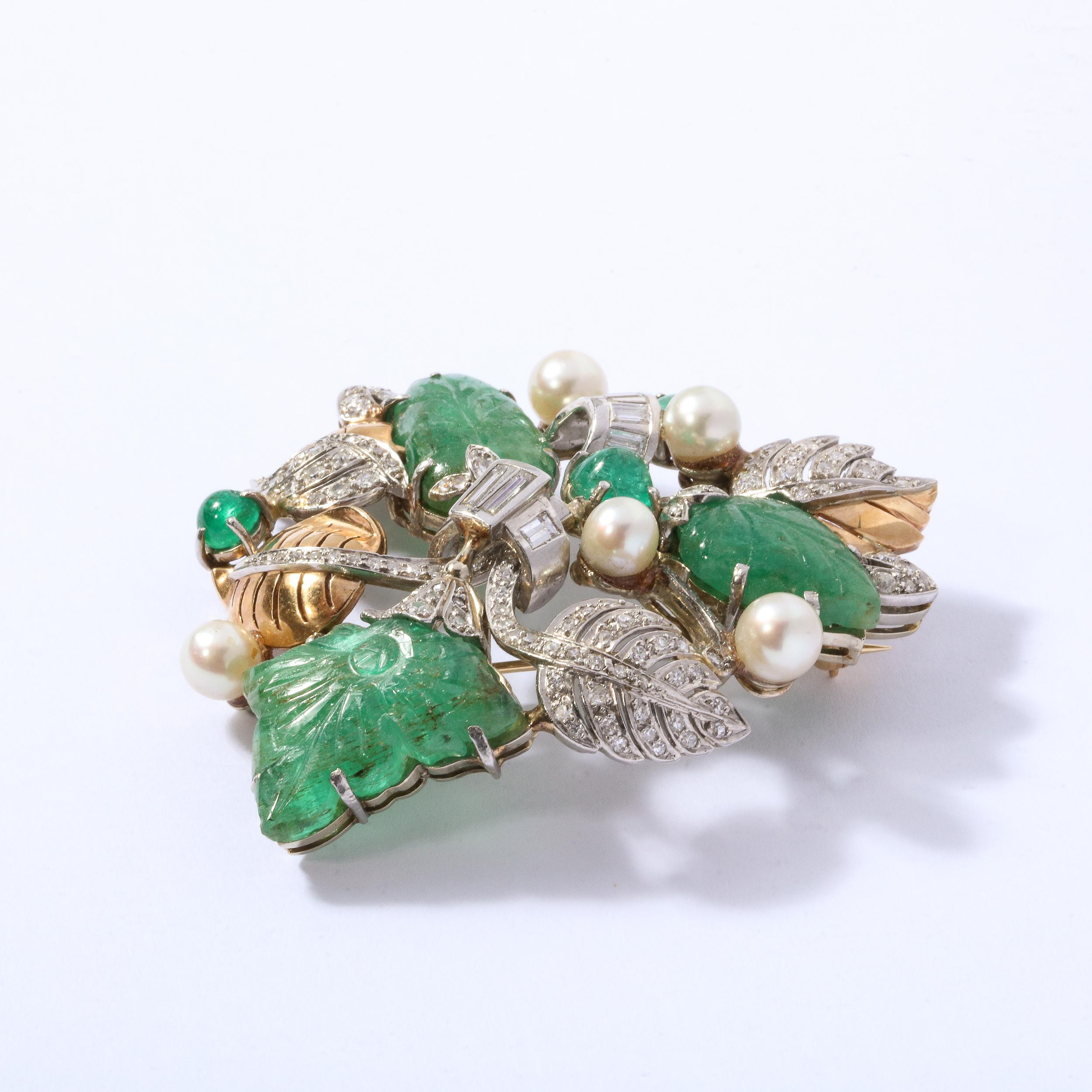 Retro Hand Carved Pearl Emerald Diamond Gold Platinum Foliage Design Brooch In Excellent Condition In New York, NY