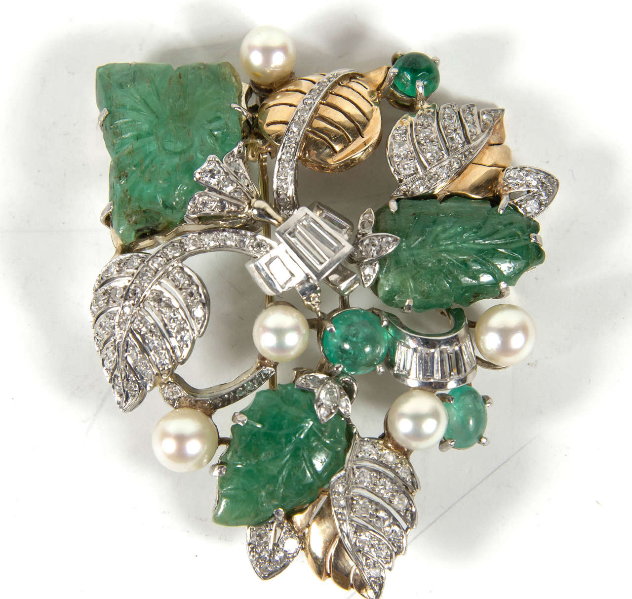 Retro Hand Carved Pearl Emerald Diamond Gold Platinum Foliage Design Brooch 1