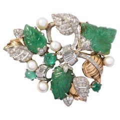 Retro Hand Carved Pearl Emerald Diamond Gold Platinum Foliage Design Brooch