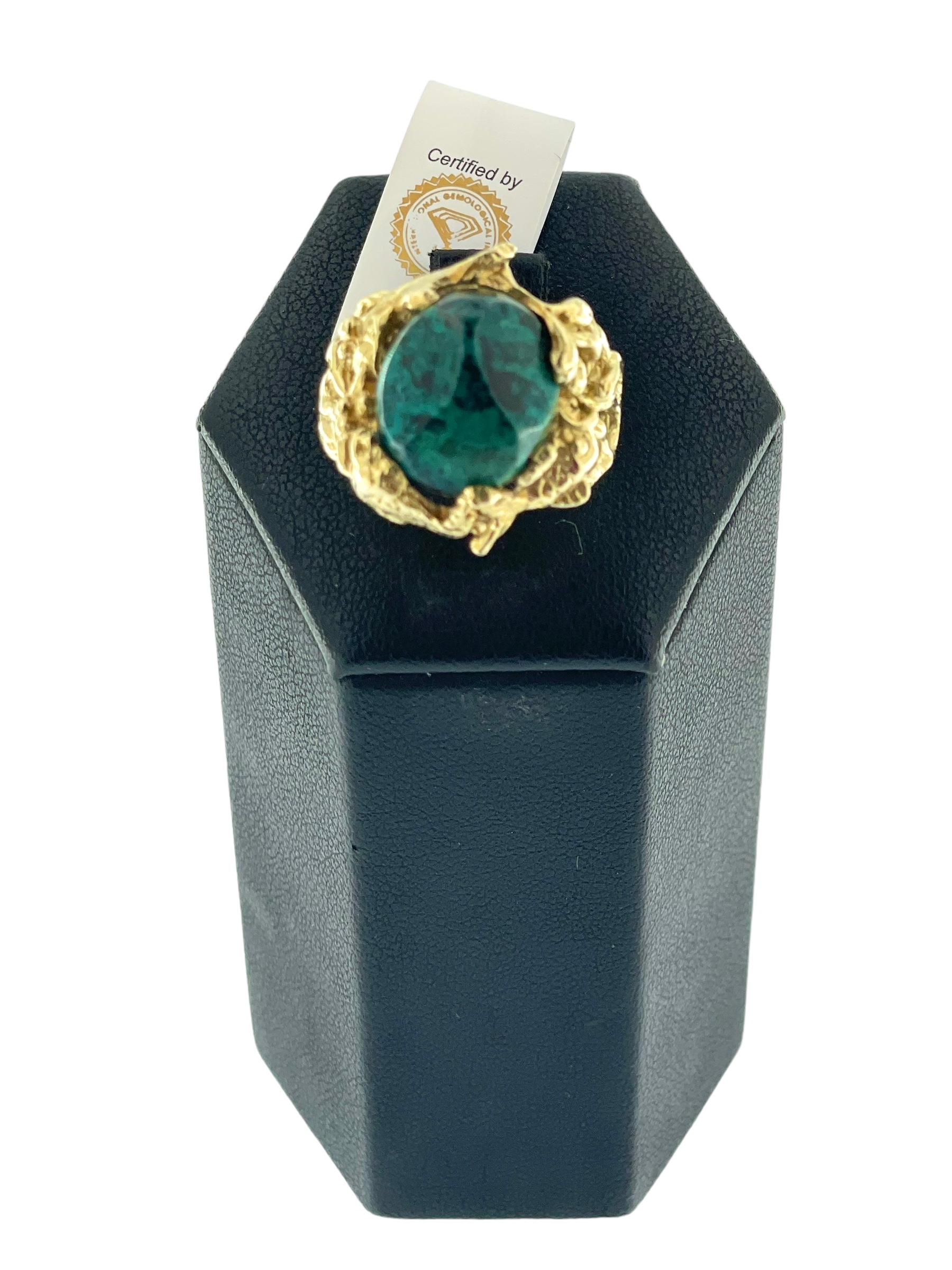 Mixed Cut Retro Hand-Made Cocktail Ring Yellow Gold with Malachite IGI Certified  For Sale