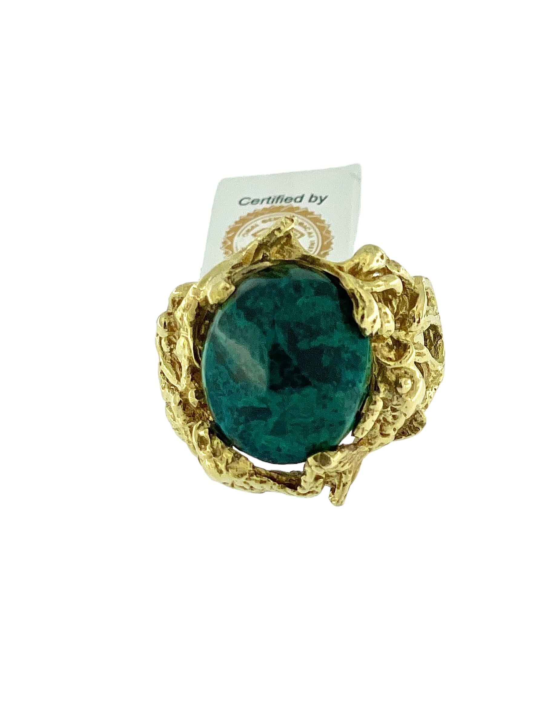 Women's or Men's Retro Hand-Made Cocktail Ring Yellow Gold with Malachite IGI Certified  For Sale