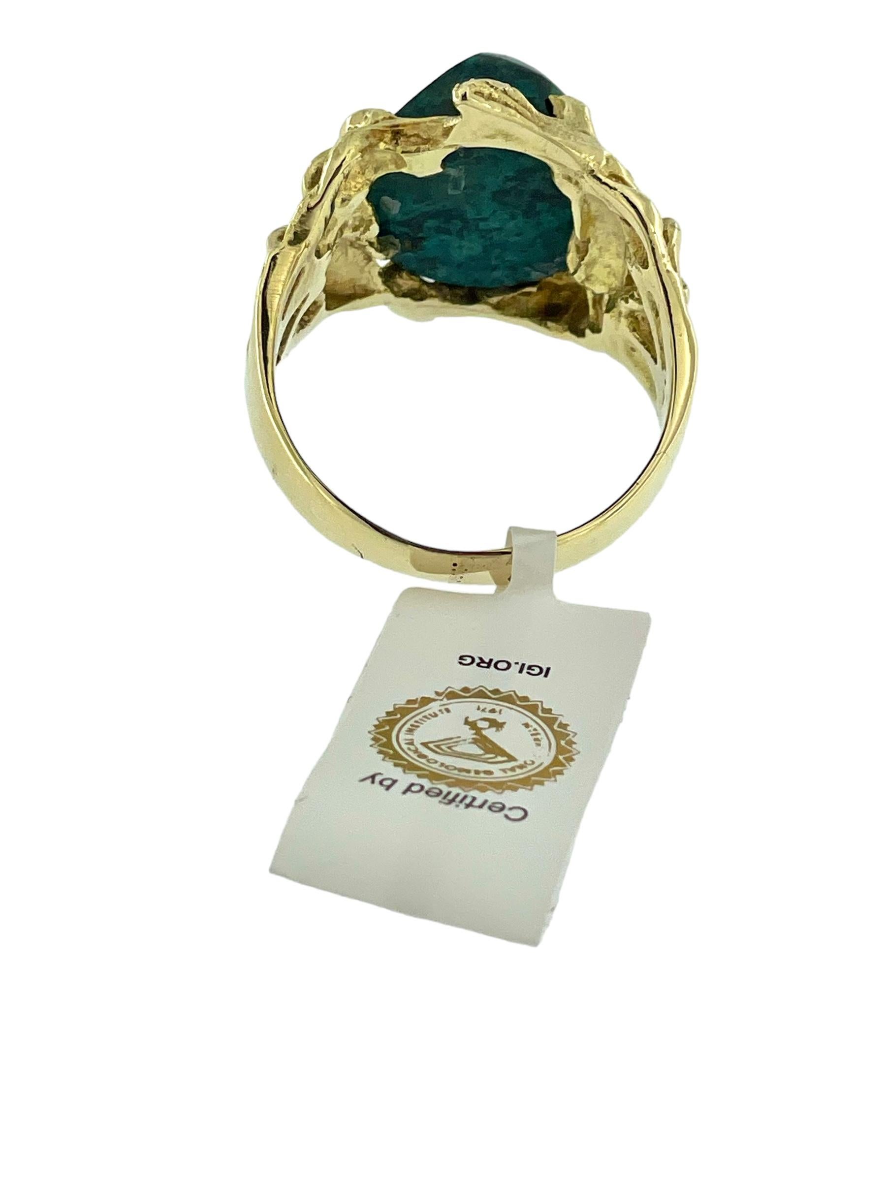 Retro Hand-Made Cocktail Ring Yellow Gold with Malachite IGI Certified  For Sale 1