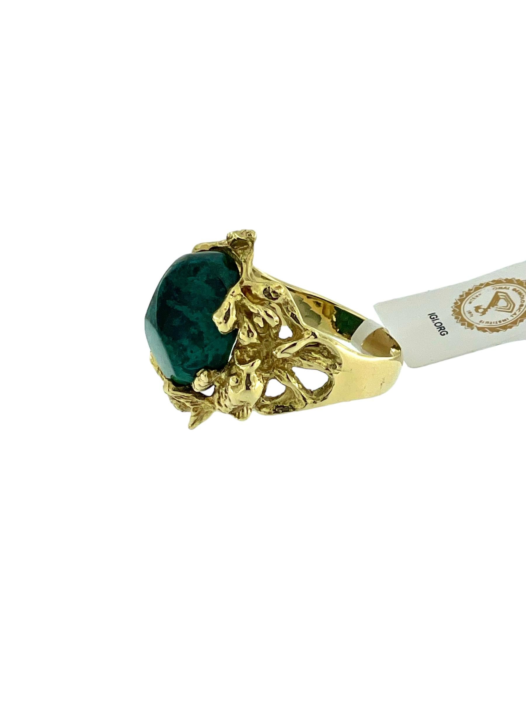 Retro Hand-Made Cocktail Ring Yellow Gold with Malachite IGI Certified  For Sale 2