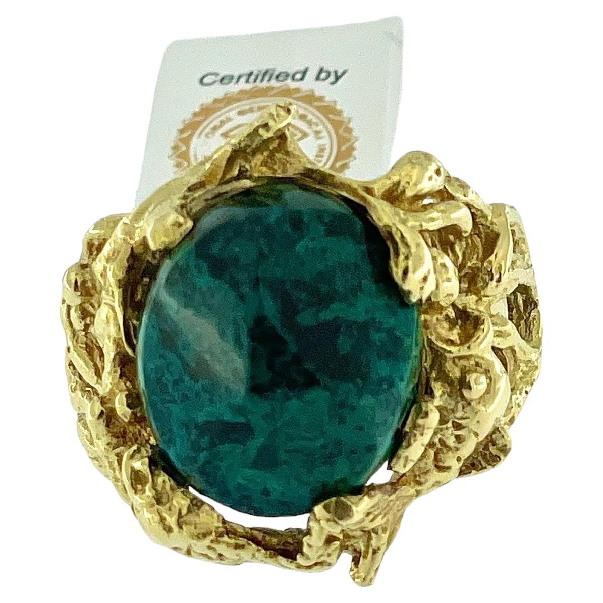 Retro Hand-Made Cocktail Ring Yellow Gold with Malachite IGI Certified  For Sale