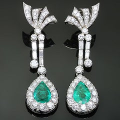 Retro Handmade Platinum Pear Shape Colombian Emerald Diamond Earrings GIA Cert.
