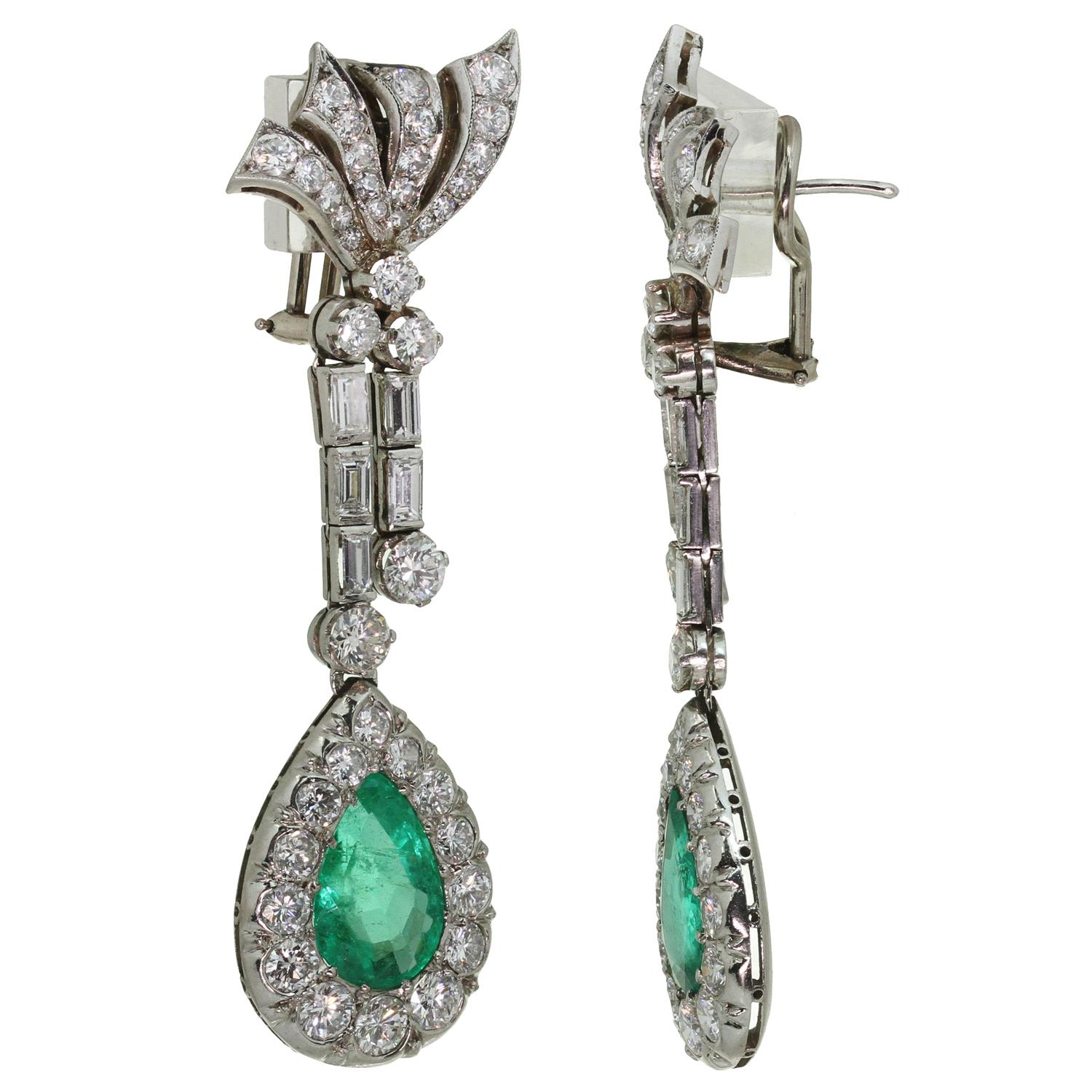 Women's Retro Handmade Platinum Pear Shape Colombian Emerald Diamond Earrings GIA Cert. For Sale
