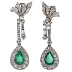 Vintage Handmade Platinum Pear Shape Colombian Emerald Diamond Earrings GIA Cert.