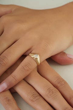 Retro Heart Cut Diamond Pinky Dome Ring in 14K Solid Yellow Gold Gypsy Setting