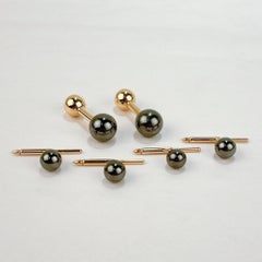 Retro Hematite & 18 Karat Cufflink & Button Dress Set, Ex-Firestone & Parson