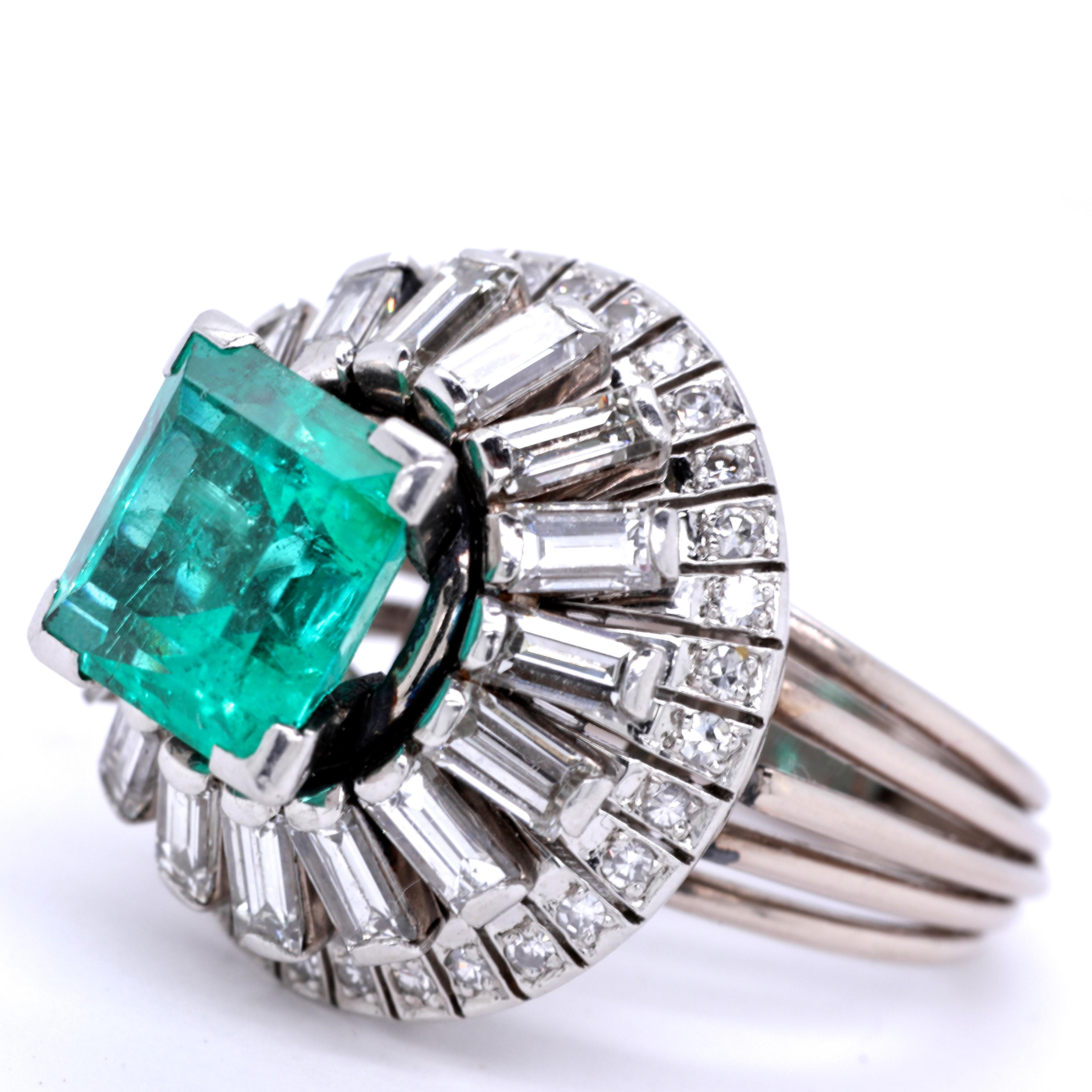 Square Cut Retro Henri Poincot AGL Emerald Diamond Platinum Ring