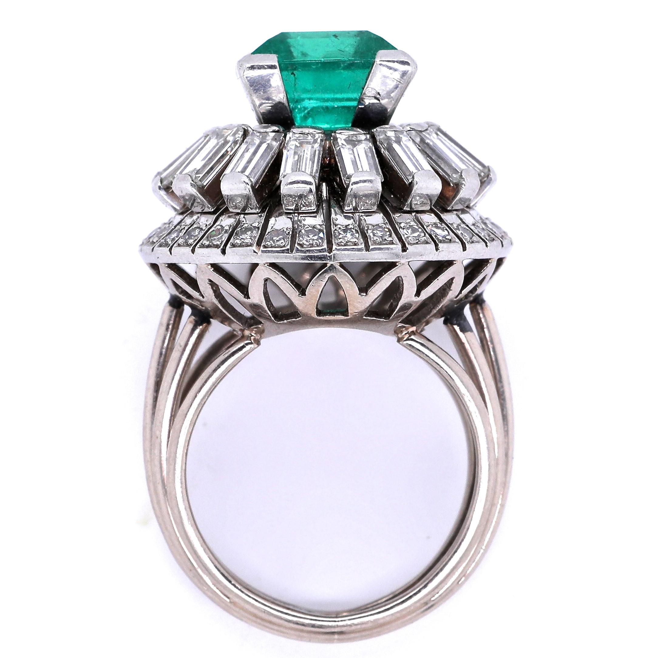 Retro Henri Poincot AGL Emerald Diamond Platinum Ring In Excellent Condition In Beverly Hills, CA