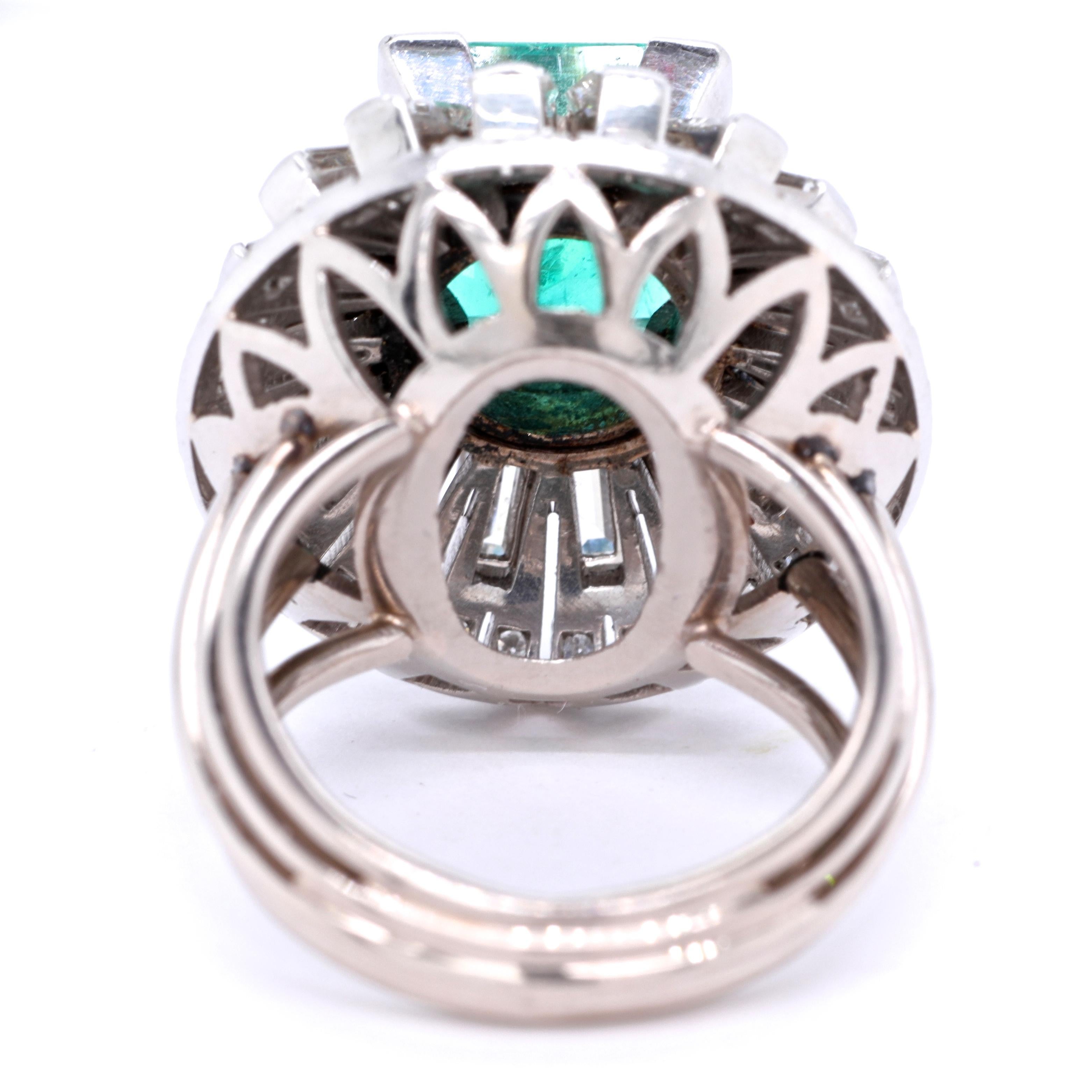Women's Retro Henri Poincot AGL Emerald Diamond Platinum Ring