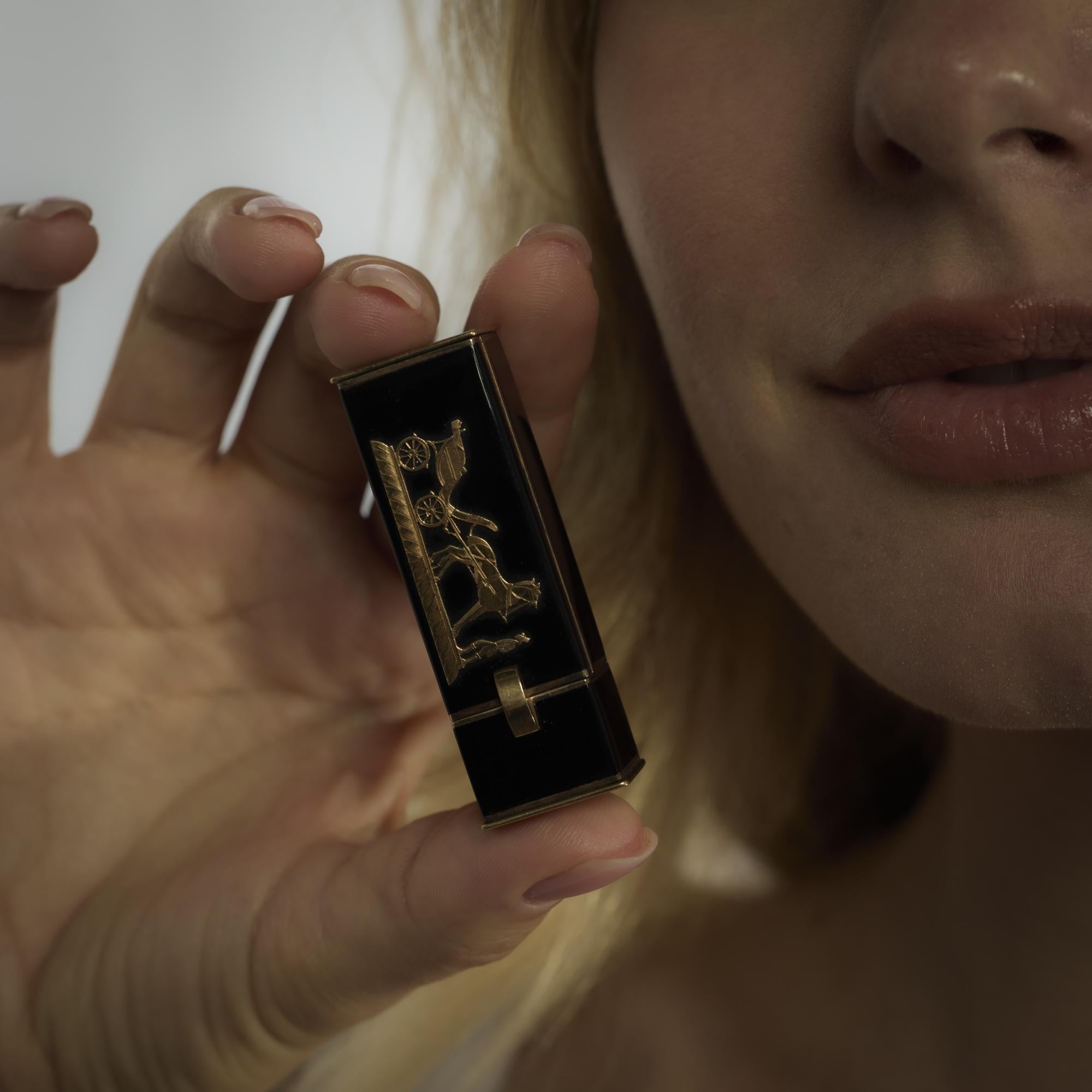 Porta rossetto retrò Hermes in oro rosa 18 carati, argento e smalto In condizioni buone in vendita a Beverly Hills, CA