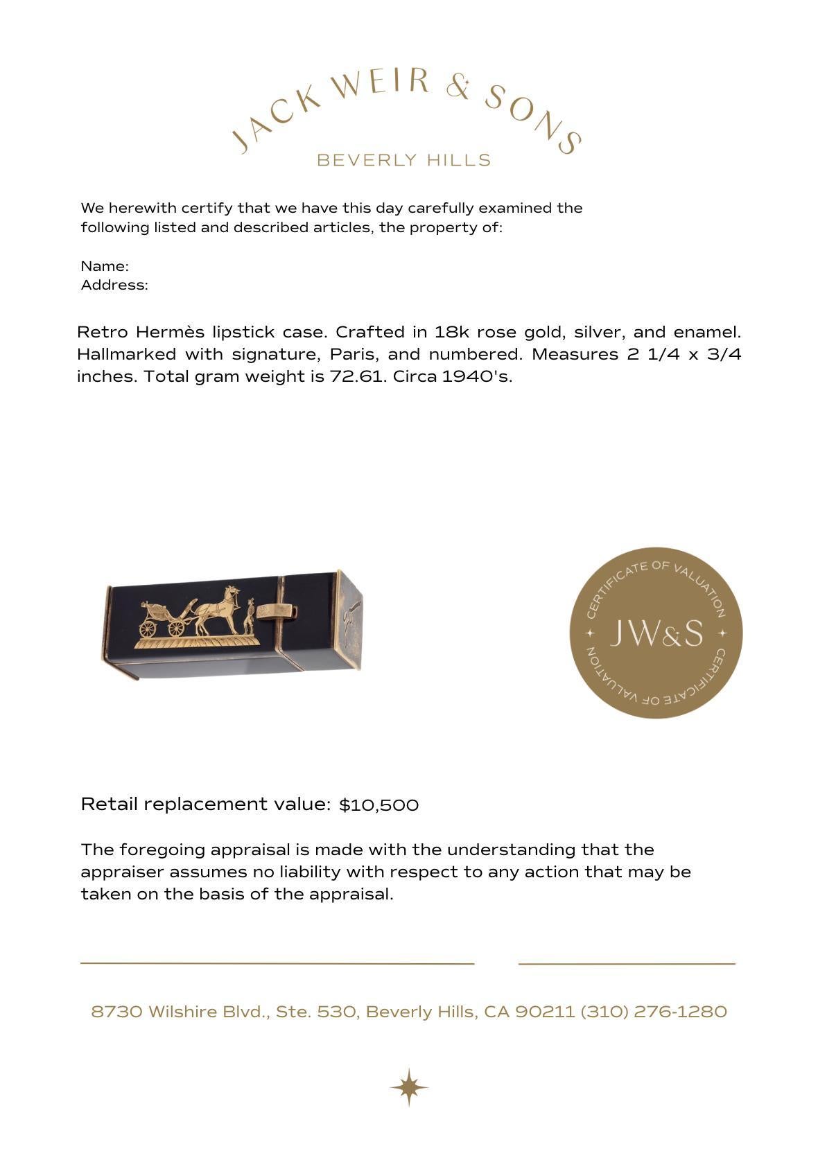 Porta rossetto retrò Hermes in oro rosa 18 carati, argento e smalto in vendita 3
