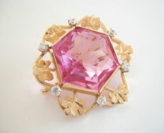 Retro Hexagon Pink & Clear Crystal Brooch - 14K Gold - Italy - Circa 1960's