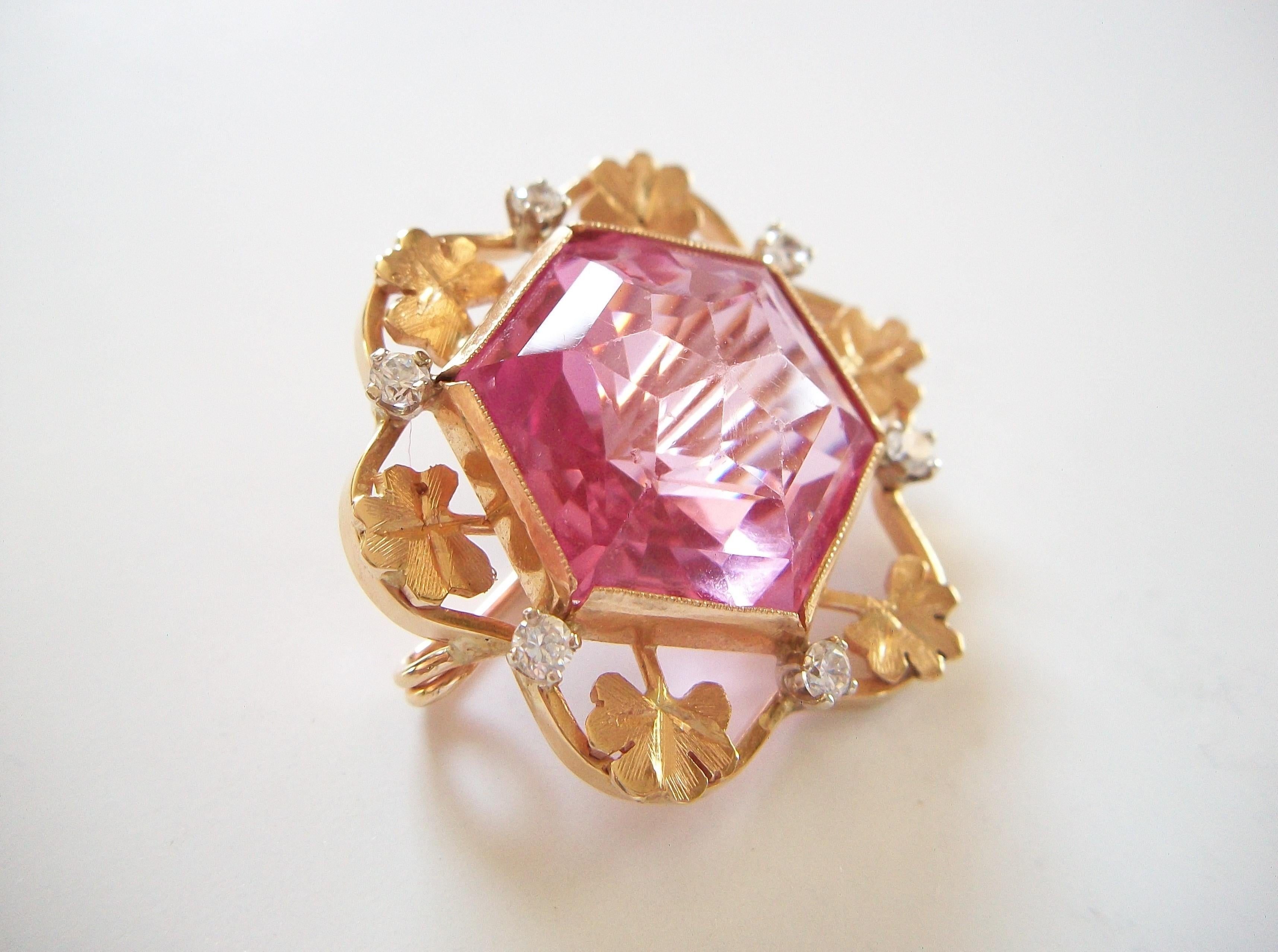 Hexagon Cut Retro Hexagon Pink & Clear Crystal Brooch - 14K Gold - Italy - Circa 1960's For Sale