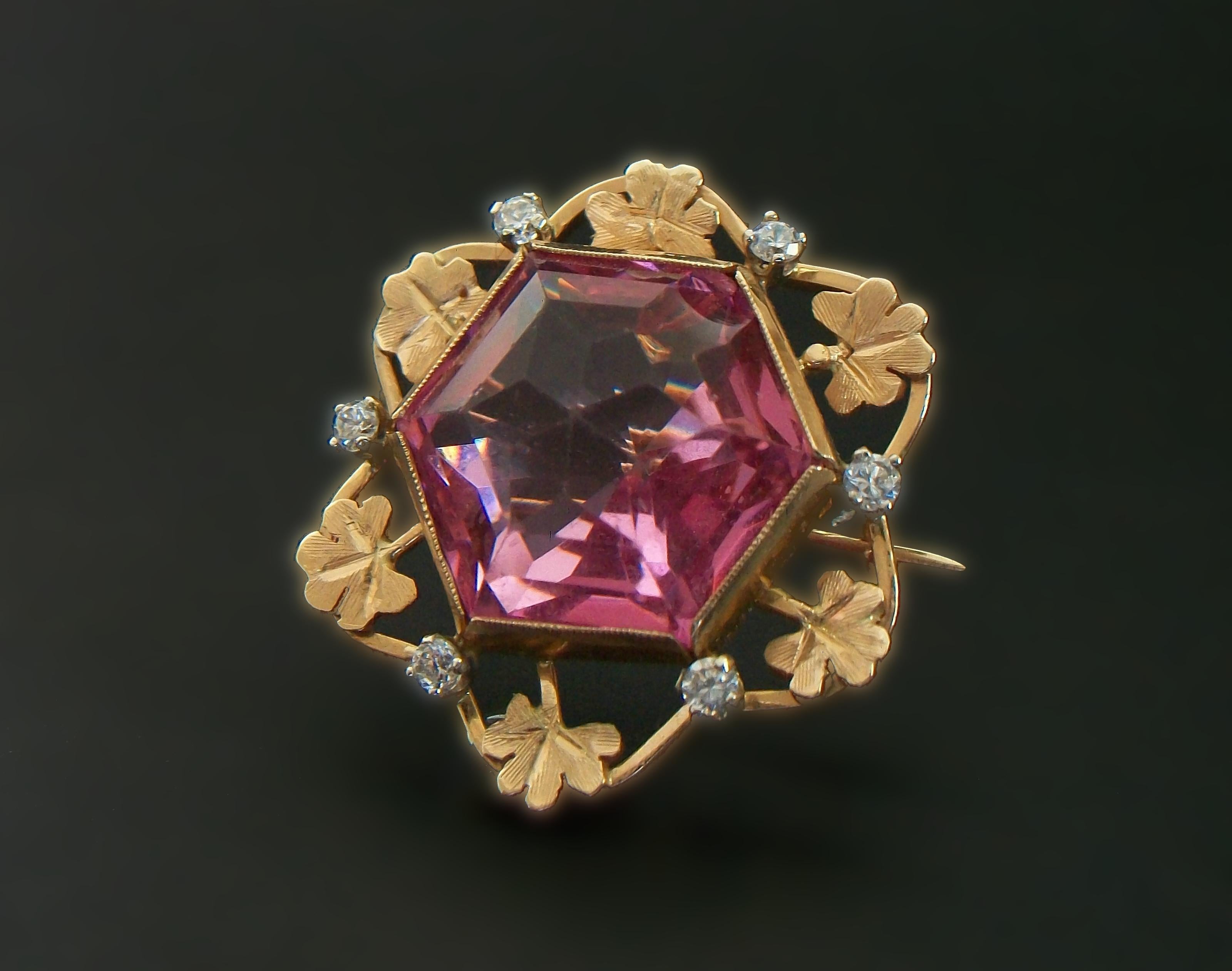 Retro Hexagon Pink & Clear Crystal Brooch - 14K Gold - Italy - Circa 1960's In Good Condition For Sale In Chatham, CA