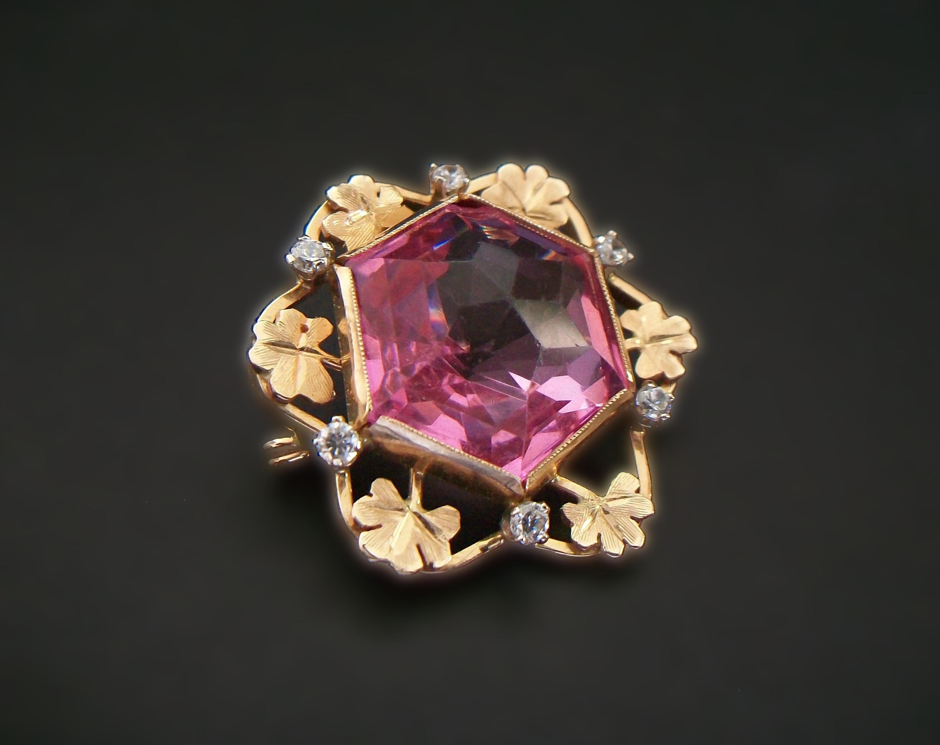 Women's Retro Hexagon Pink & Clear Crystal Brooch - 14K Gold - Italy - Circa 1960's For Sale
