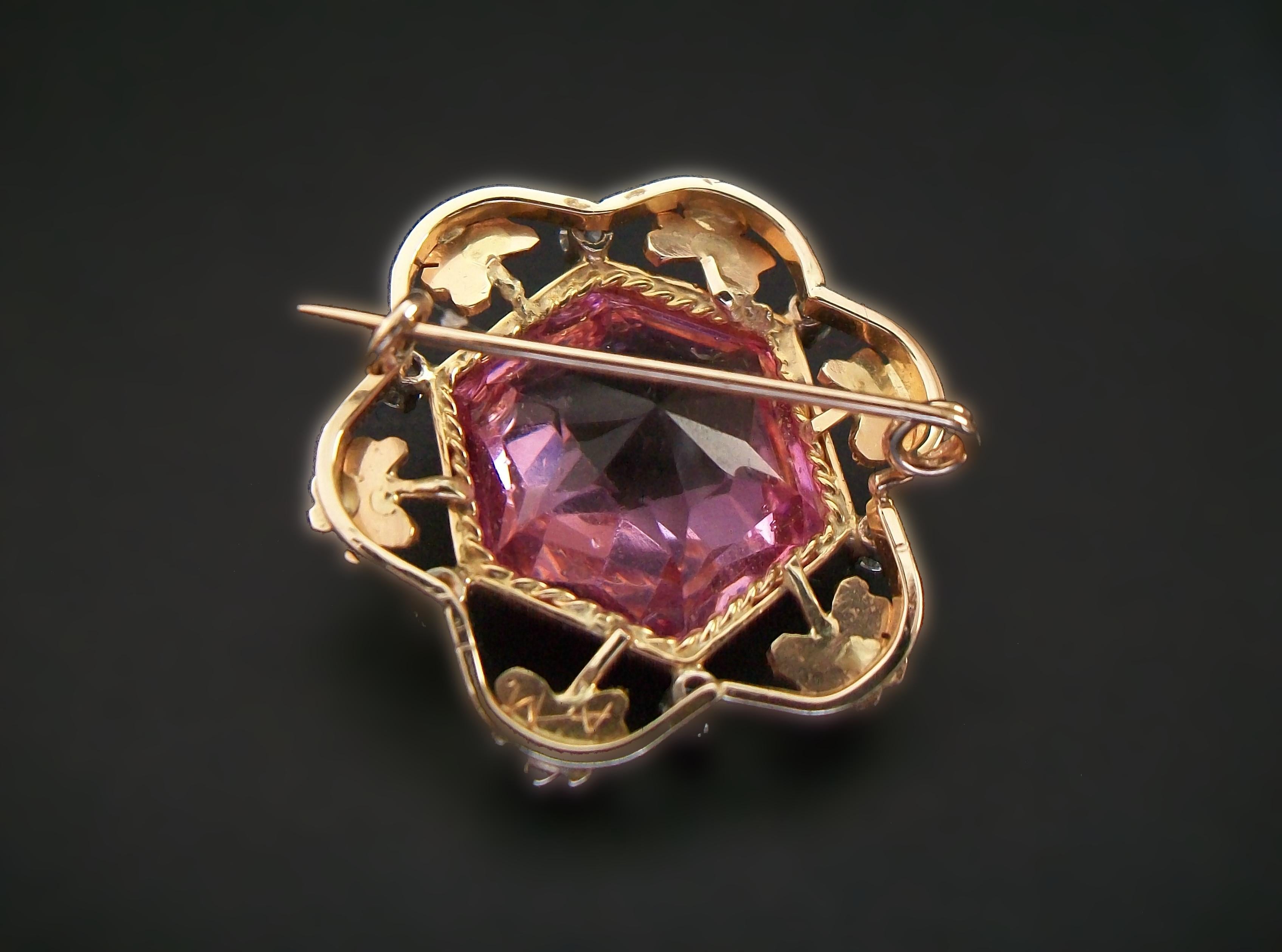 Retro Hexagon Pink & Clear Crystal Brooch - 14K Gold - Italy - Circa 1960's For Sale 2