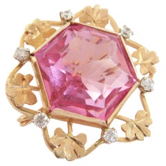 Broche rétro hexagonale rose et cristal transparent en or 14 carats, Italie, années 1960
