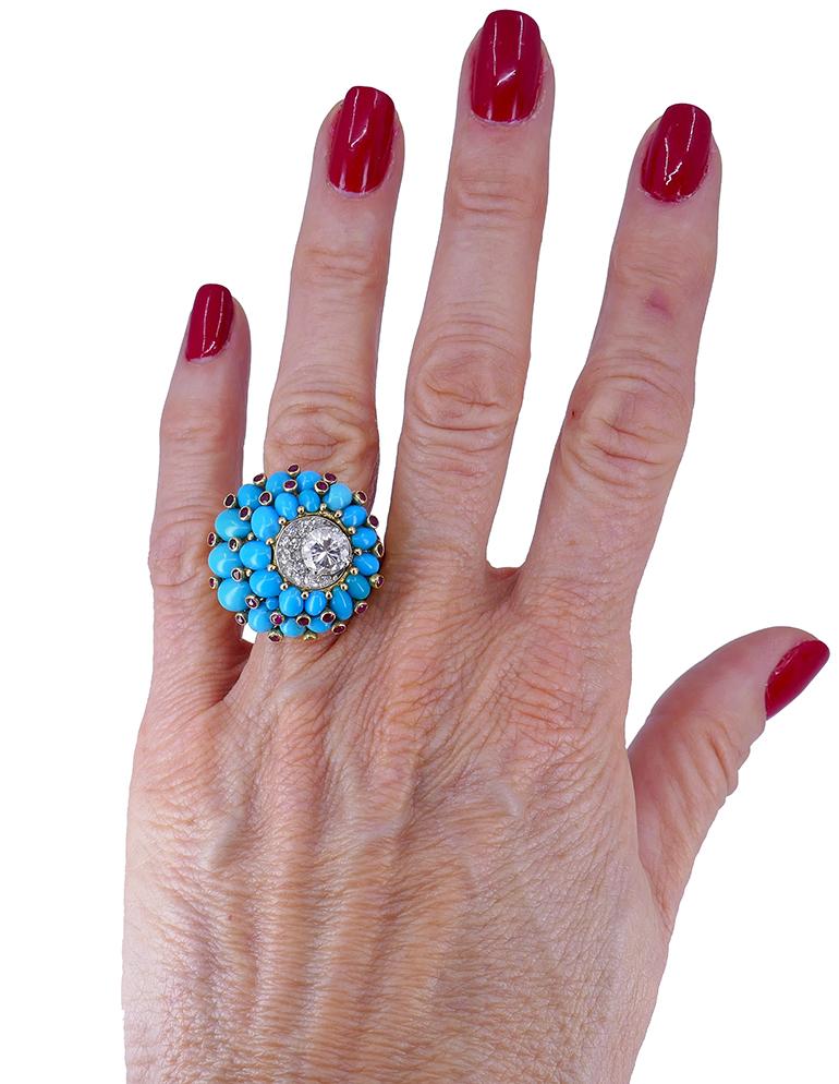 Retro Horovitz Alexandrie Türkis-Ring Rubin-Diamant-Ring 18k Gold Vintage-Schmuck im Angebot 6
