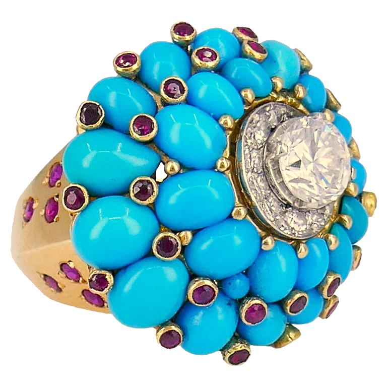 Retro Horovitz Alexandrie Türkis-Ring Rubin-Diamant-Ring 18k Gold Vintage-Schmuck (Gemischter Schliff) im Angebot
