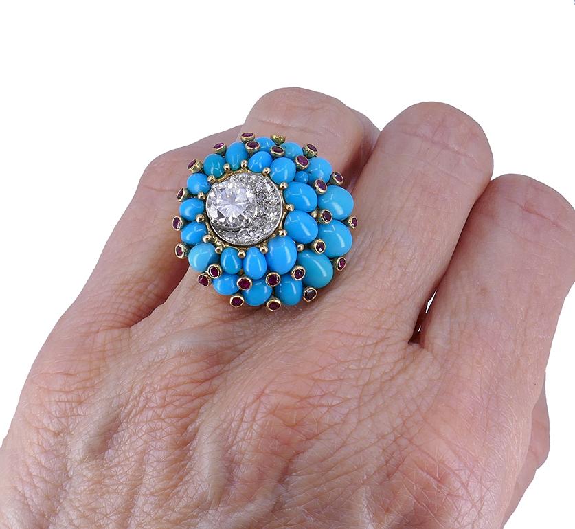 Mixed Cut Retro Horovitz Alexandrie Turquoise Ring Ruby Diamond 18k Gold Vintage Jewelry For Sale