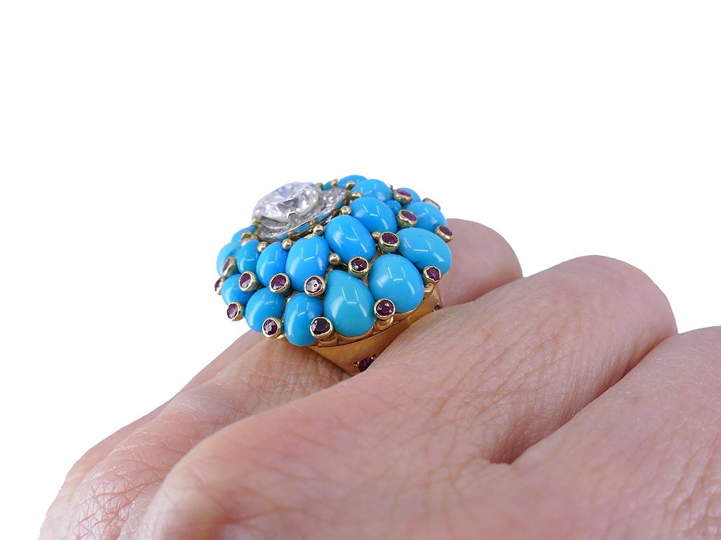 Retro Horovitz Alexandrie Turquoise Ring Ruby Diamond 18k Gold Vintage Jewelry In Good Condition For Sale In Beverly Hills, CA