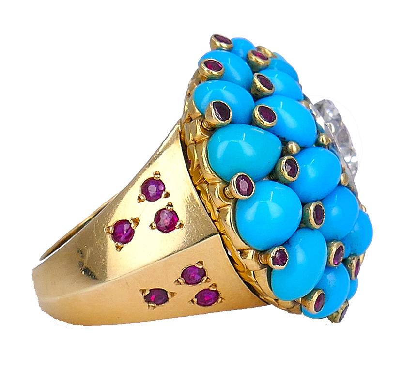 Women's Retro Horovitz Alexandrie Turquoise Ring Ruby Diamond 18k Gold Vintage Jewelry For Sale