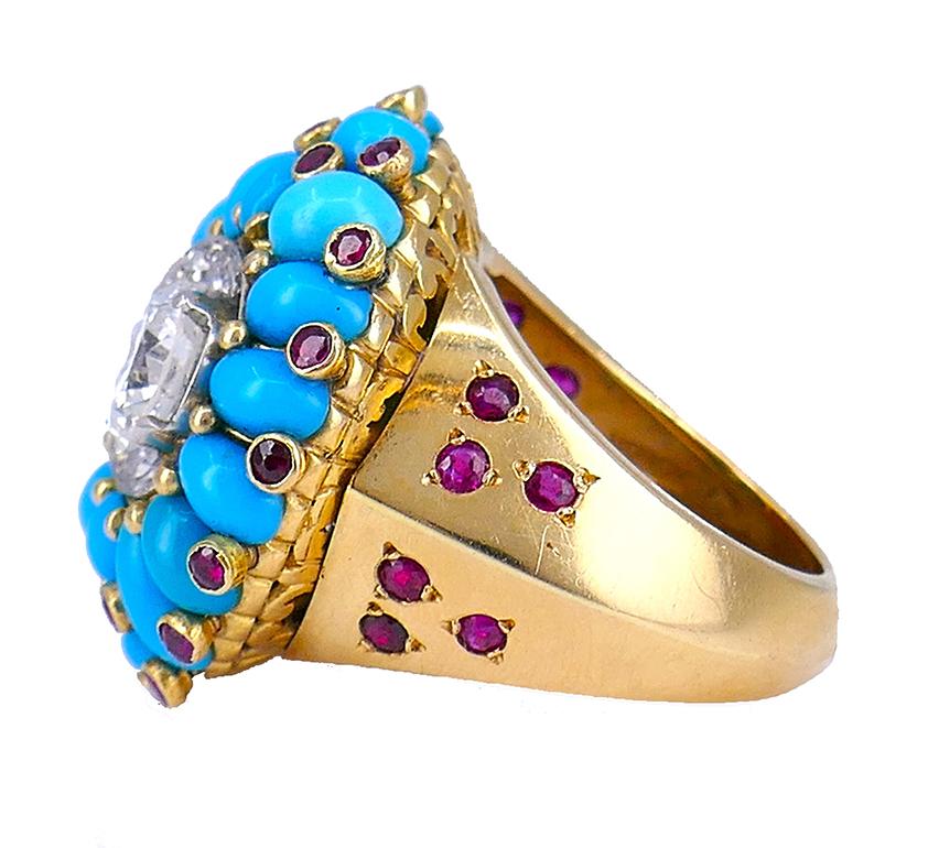 Retro Horovitz Alexandrie Turquoise Ring Ruby Diamond 18k Gold Vintage Jewelry For Sale 1