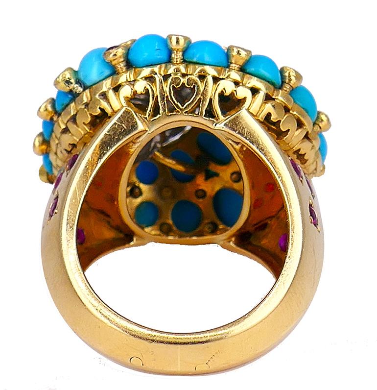Retro Horovitz Alexandrie Turquoise Ring Ruby Diamond 18k Gold Vintage Jewelry For Sale 2