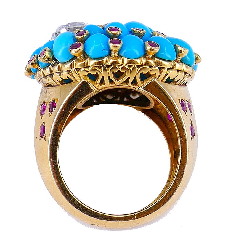 Retro Horovitz Alexandrie Turquoise Ring Ruby Diamond 18k Gold Vintage Jewelry For Sale 3