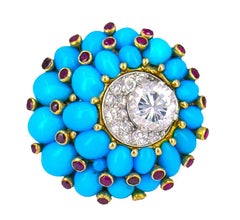 Vintage Horovitz Alexandrie Turquoise Ring Ruby Diamond 18k Gold Vintage Jewelry