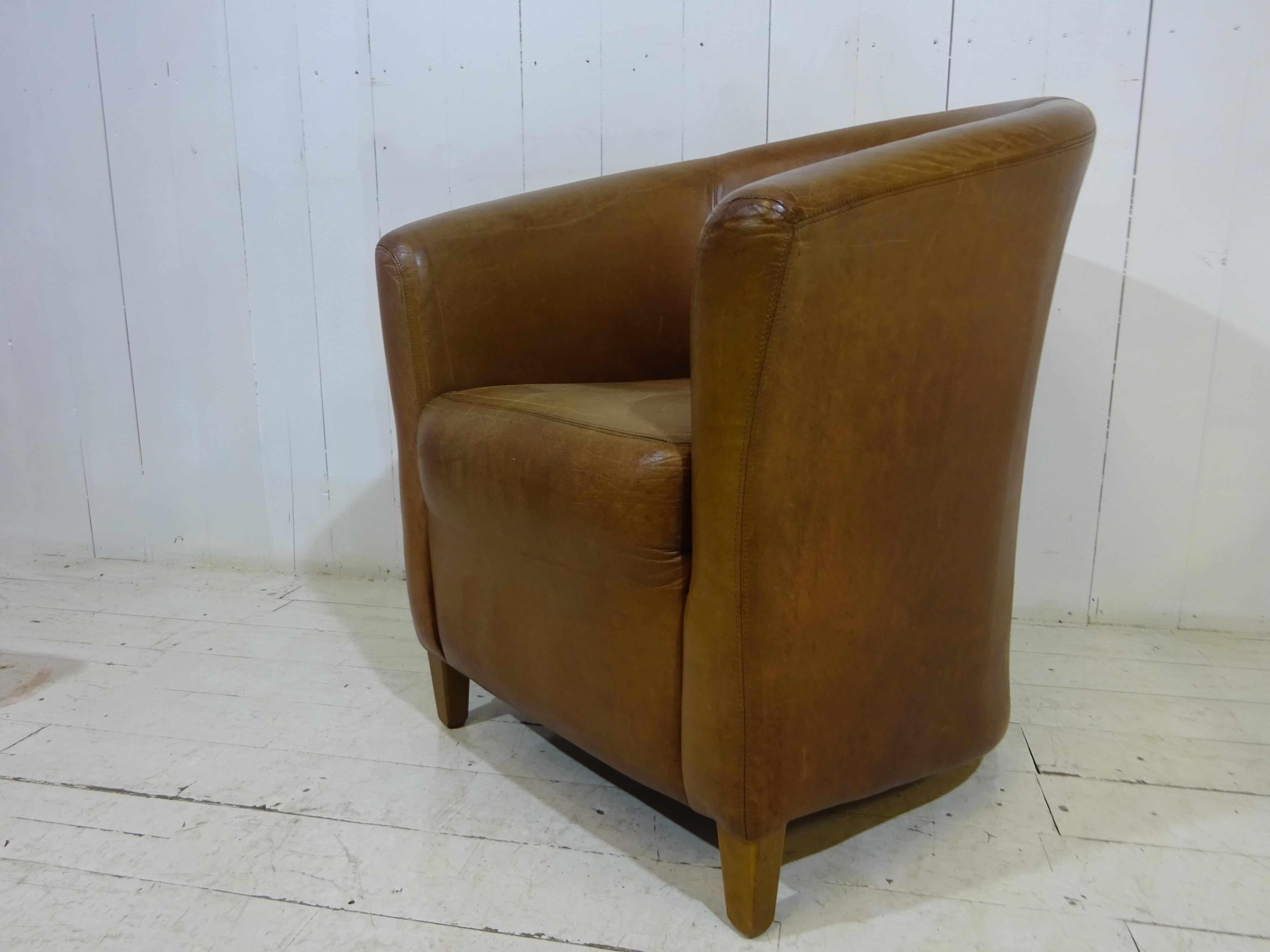 Modern Retro Hotel Tub Chair in Distressed Tan Leather