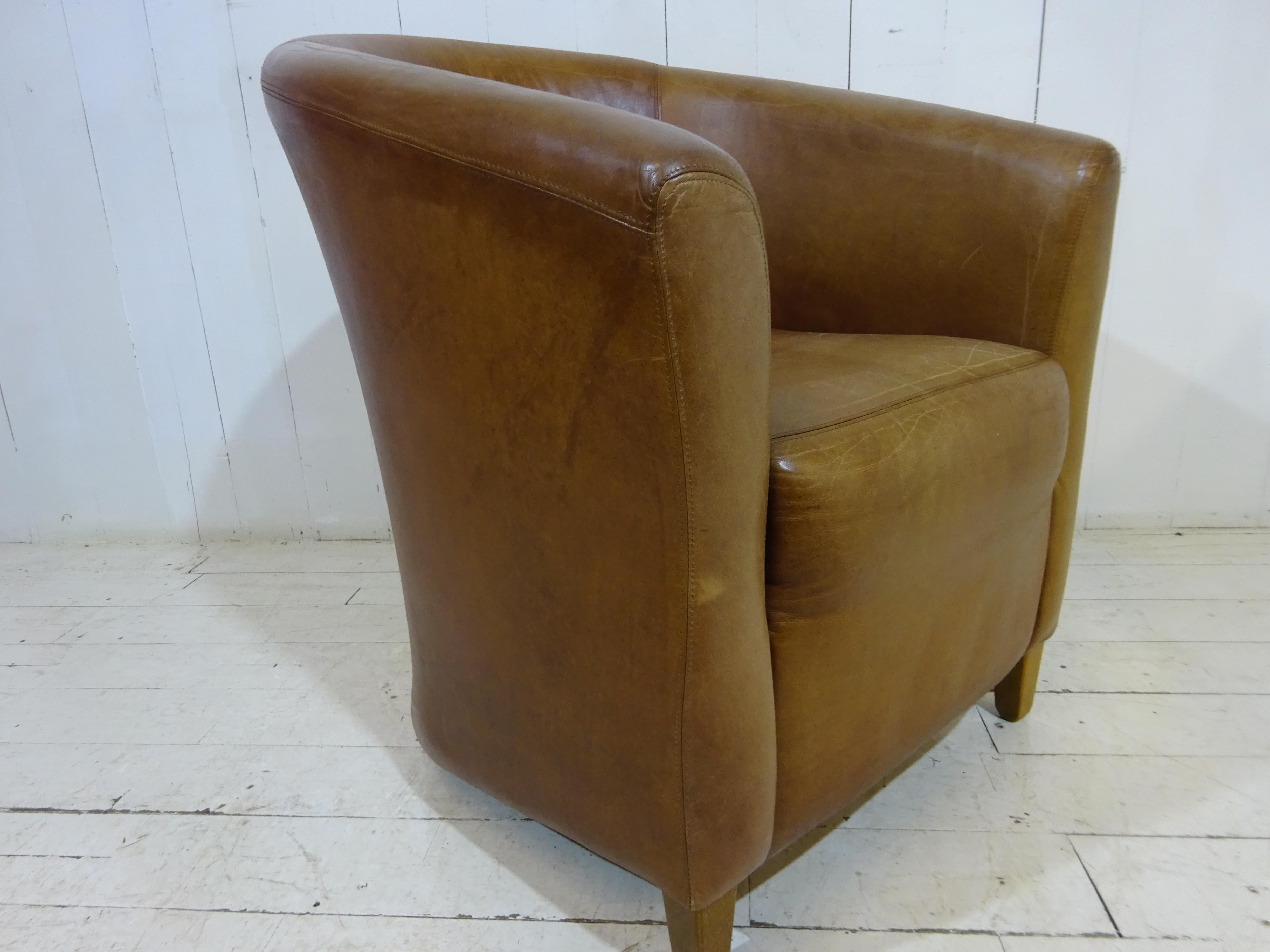 Late 20th Century Retro Hotel Tub Chair in Distressed Tan Leather
