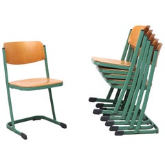 Vintage Industrial Stacking School Chairs with Green Enameled Frame