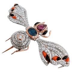 Vintage Retro Insect Brooch 20th Ruby Sapphire and Diamond Platinum and Gold 18K