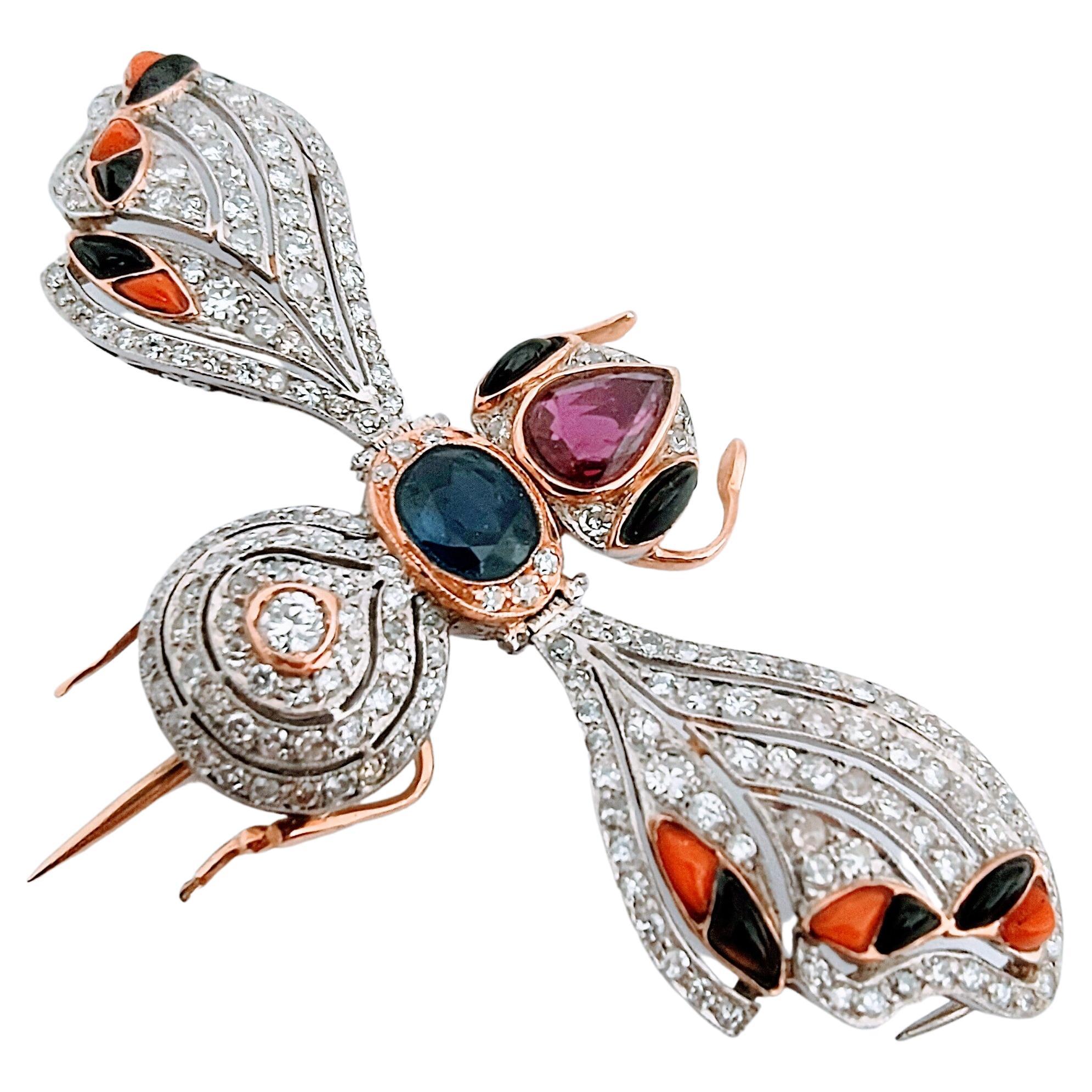 Pear Cut Vintage Retro Insect Brooch 20th Ruby Sapphire and Diamond Platinum and Gold 18K For Sale